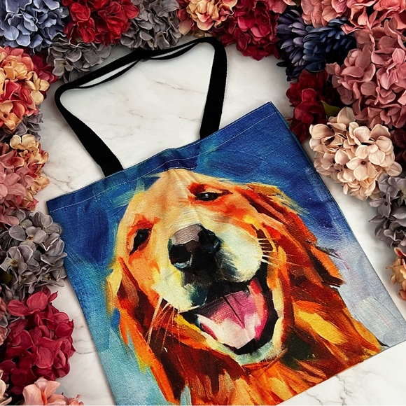 Eco-Friendly Happy Golden Retriever Dog Folding Tote Bag - Picture 3 of 14